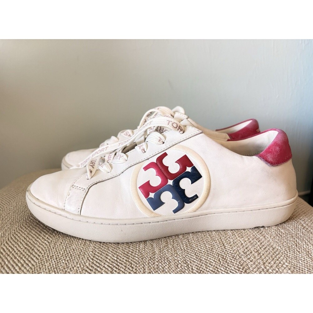 Tory Burch T Logo Leather Sneakers Size 9, White, Pink, Navy